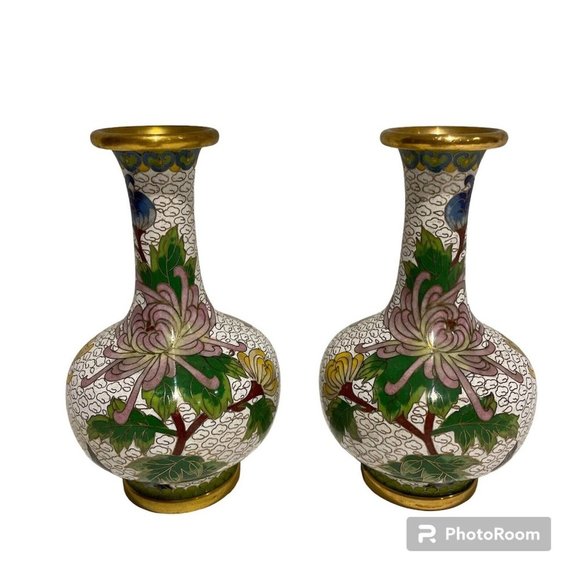 Other - Vintage Chinese Cloisonné Vases Matched Pair 6" Floral Enameled Brass